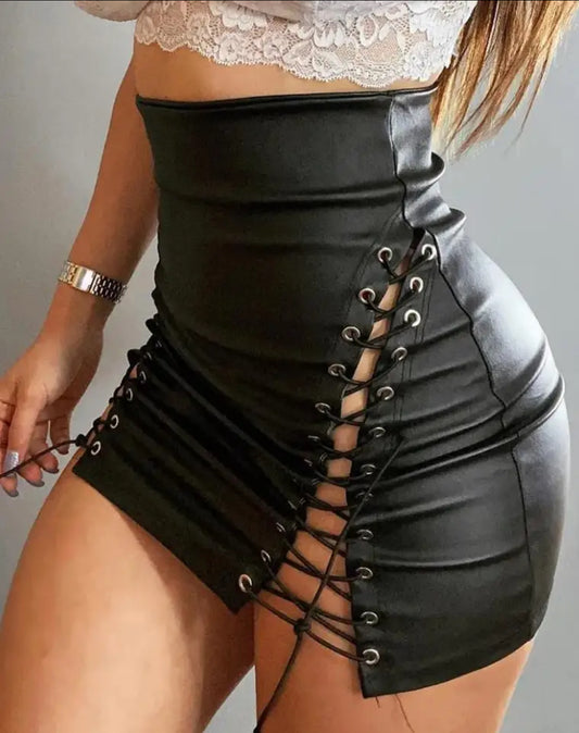 Lace-Up PU Leather Skirt